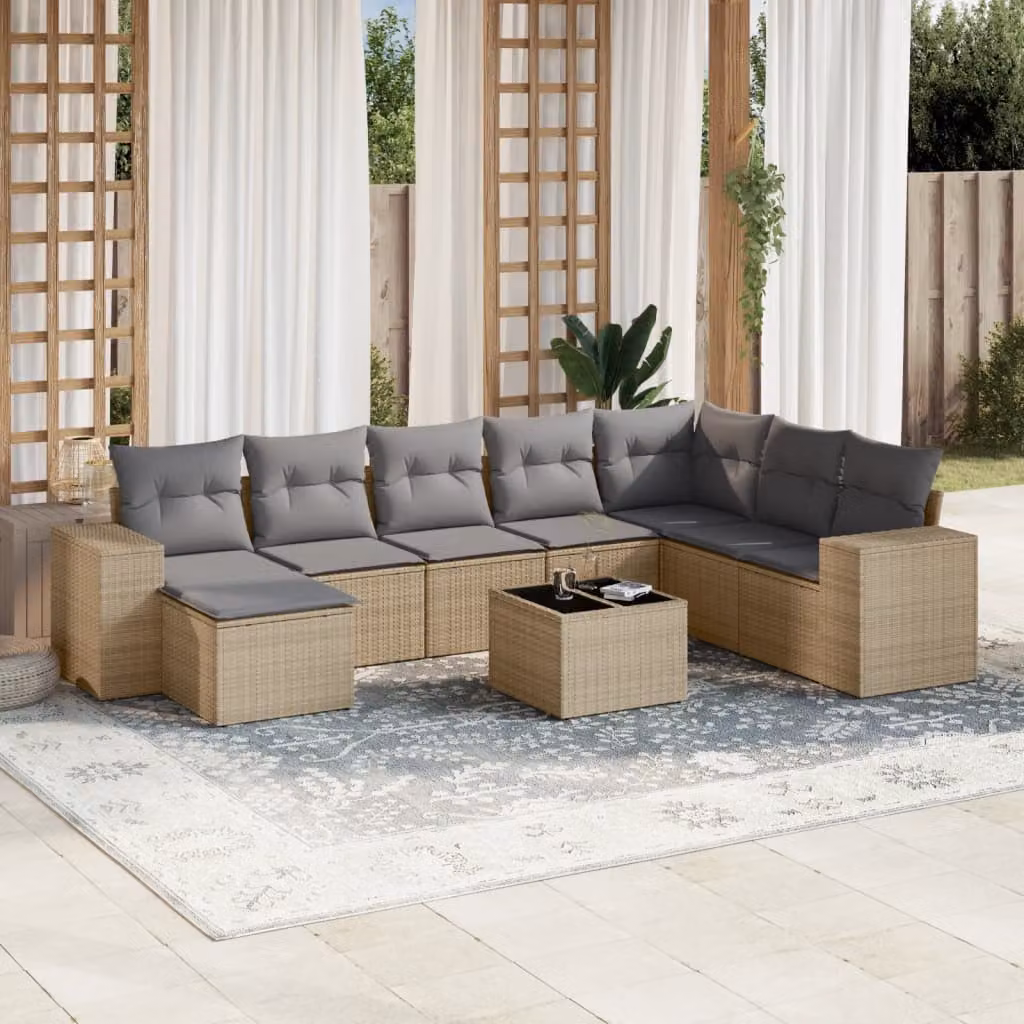 vidaXL Set Divano da Giardino a L 9 pz in Polyrattan con Cuscini Beige e Tavolino – 1