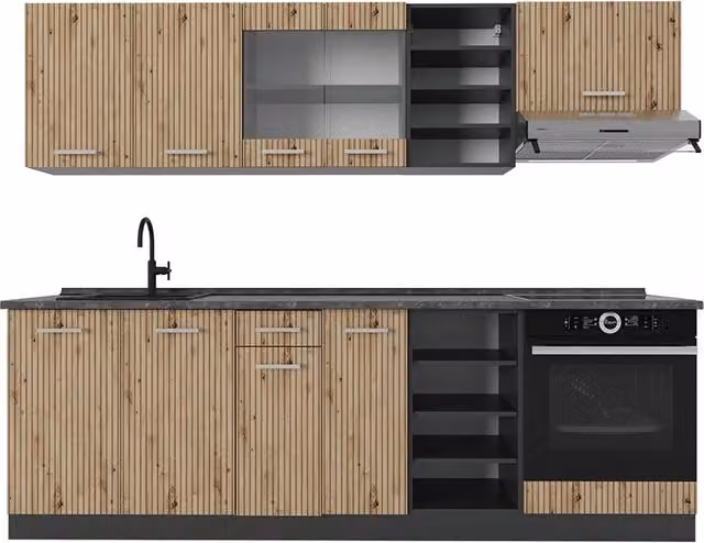 Cucina componibile moderna Vicco R-Line in legno Rovere e Antracite, Larghezza: 240 cm