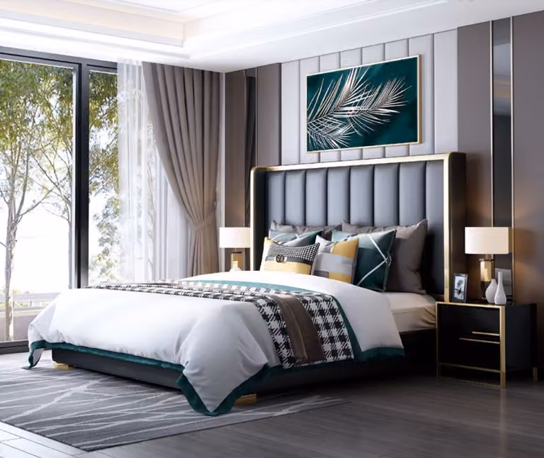 Luxus Bett Schlafzimmer Italienisches Leder Polster Doppel Betten Metall Design