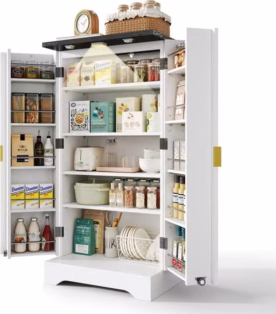 Credenza Chicfurn per cucina e soggiorno con luce LED a sensore, 2 ante, 2 ripiani regolabili e 2 vani porta, in PB e MDF, colore bianco e oro, L: 120 cm, P: 60,5 cm, H: 40 cm