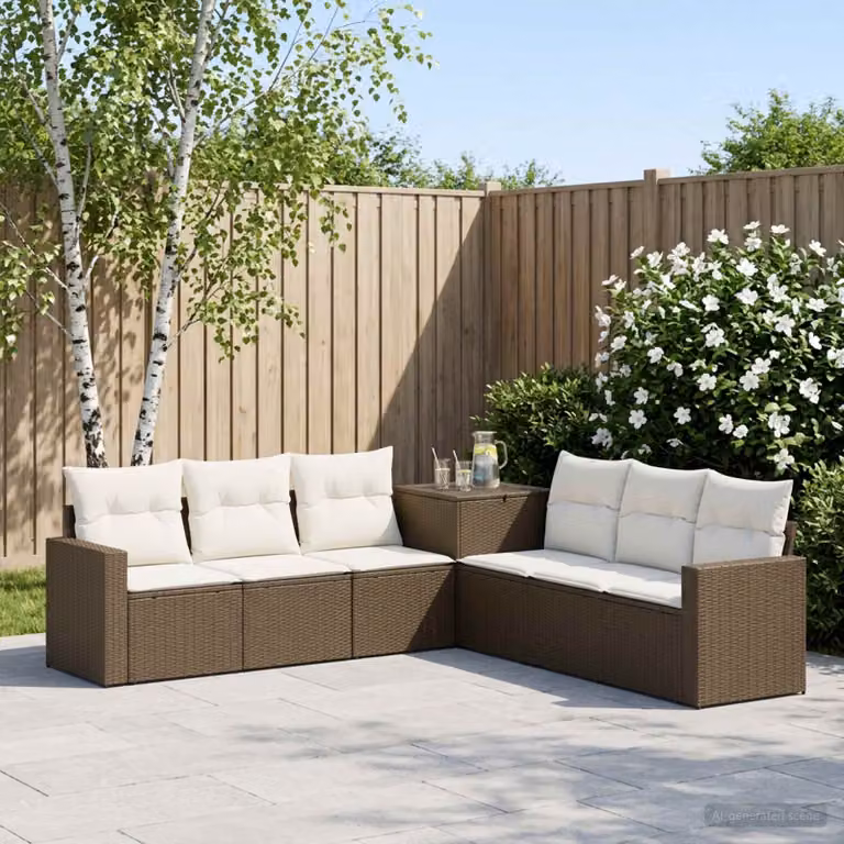 Set di divani da giardino vidaXL a forma di L composto da 7 pezzi in stile moderno, colore marrone e bianco crema, con struttura in metallo e cuscini inclusi