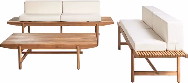 Set di divani da giardino Beliani a forma di L con tavolino e cuscini, legno di acacia oliato e colore bianco e marrone, per 4 persone