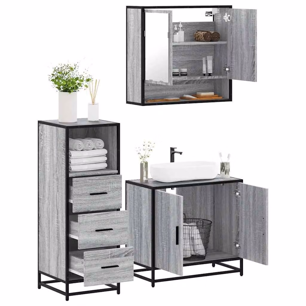 Set Mobili da Bagno Industrial vidaXL 3 Pezzi Grigio in Legno, Metallo e Vetro con Armadietto Specchio e Mobile Lavabo con Illuminazione LED