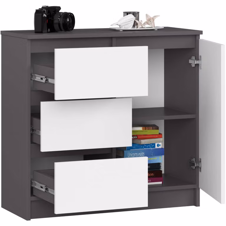 Comò da 80 cm con 3 cassetti e 1 anta, credenza, mobile da 77 cm di altezza