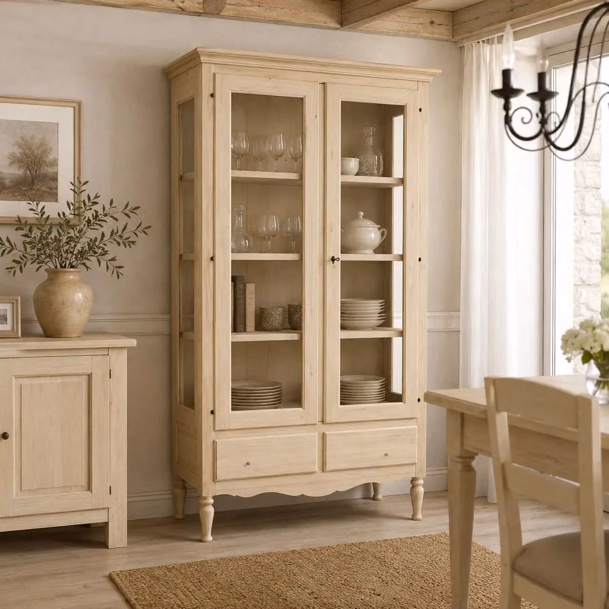 Vetrina classica in legno di pioppo con 2 ante e 2 cassetti Mobili 2G L/P/H: 102 x 42 x 191 cm – 2