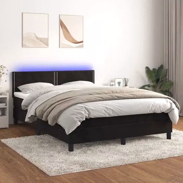 Letto Ibrido vidaXL in Velluto Nero con Materasso, Illuminazione LED Sotto il Letto e Porte USB, L/P: 140 x 190 cm – 1