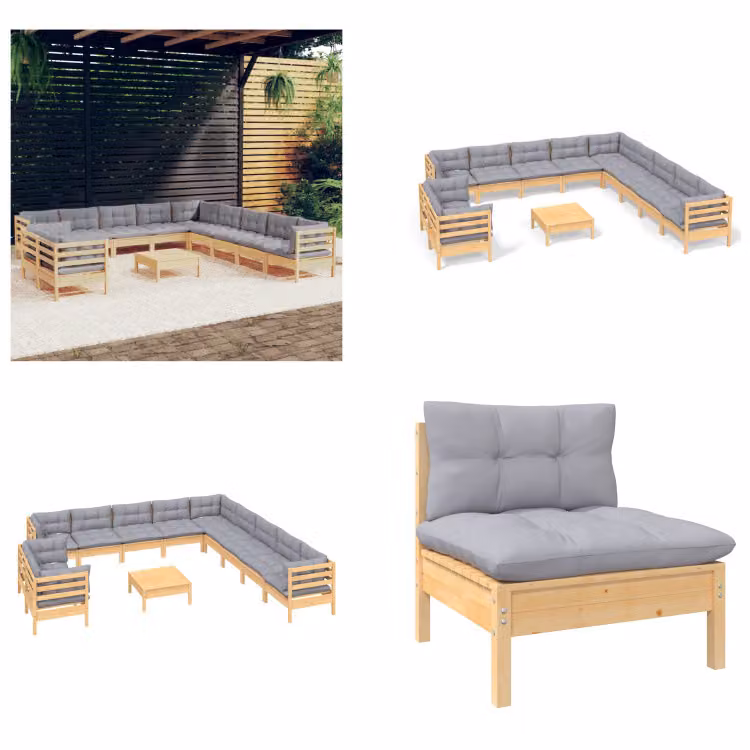 vidaXL Set salotto da giardino 12 pezzi con cuscini grigi in pino massiccio - Set salotto da giardino - Set salotto da giardino - Set arredo giardino - Set arredo giardino