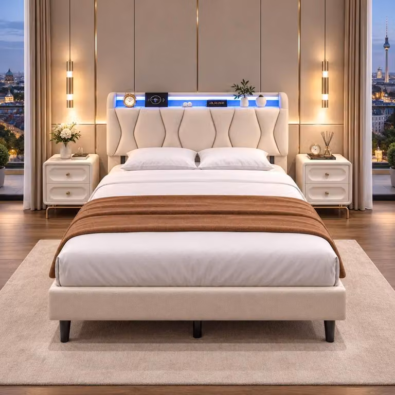 Letto imbottito INONEFT, 160 x 200 cm, letto matrimoniale in legno con testiera imbottita, struttura letto per ragazzi con LED e stazione di ricarica (beige, 160 x 200 cm)