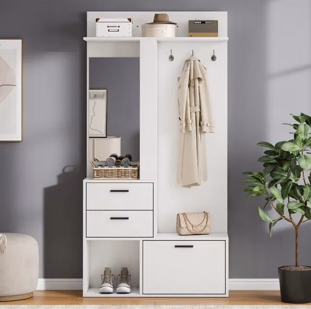Appendiabiti bianco multifunzione con 2 cassetti, specchio intero e 3 ganci, 90x30x180 cm