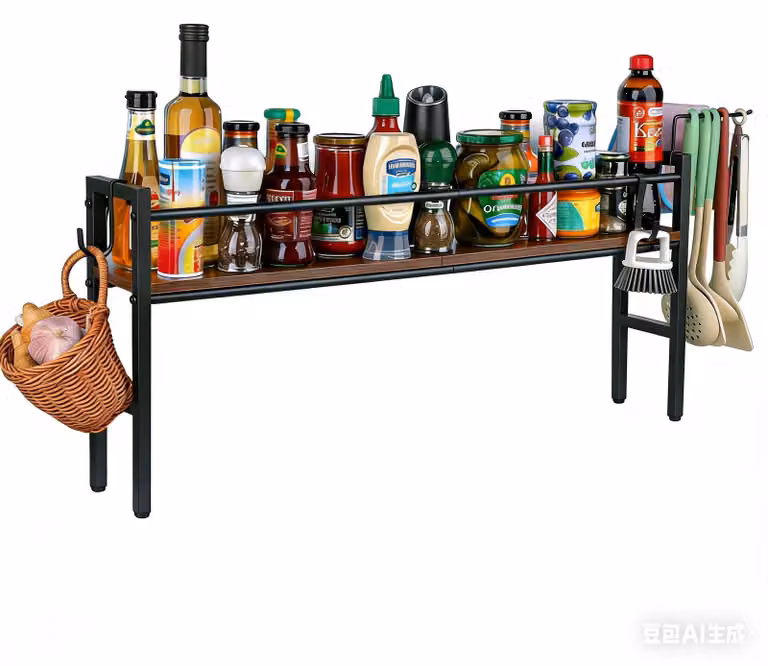 Ripiano per erbe aromatiche da 82 cm - Organizzatore per erbe - Legno/metallo massiccio - 4 ganci - Salvaspazio - Senza foratura - Ripiano per la cucina