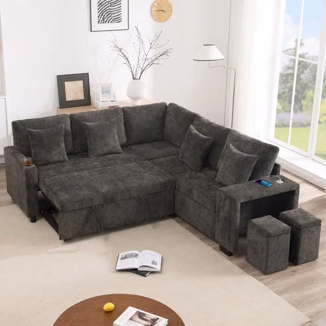 Divano Angolare Letto Reversibile REDOM Grigio con Pouf, 4 Cuscini e Ricarica USB, L/P/H: 220 x 205 x 86,5 cm
