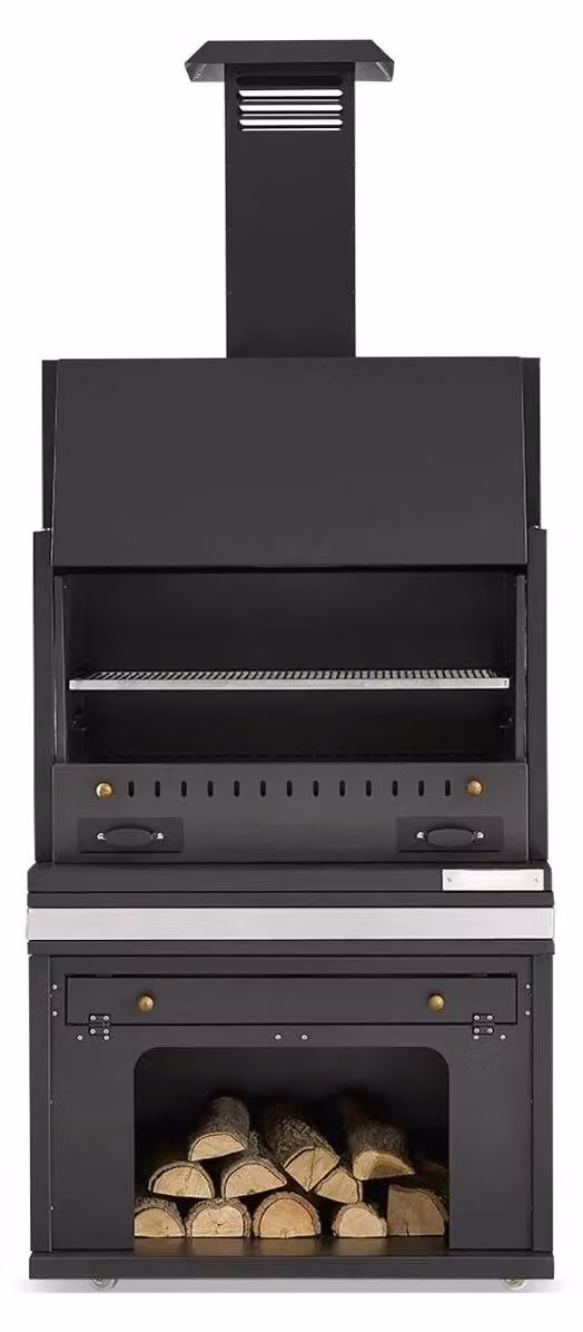 Schwarzer Edelstahl Grillkamin im modernen Design für Garten