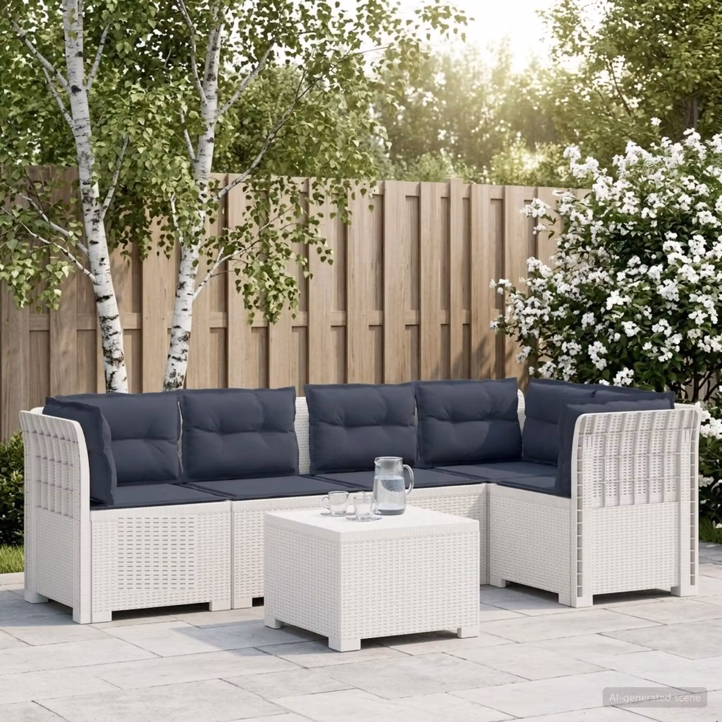 Set da giardino vidaXL in stile moderno con divano a L, elementi angolari, tavolino da caffè e cuscini in polyrattan bianco e grigio resistente alle intemperie
