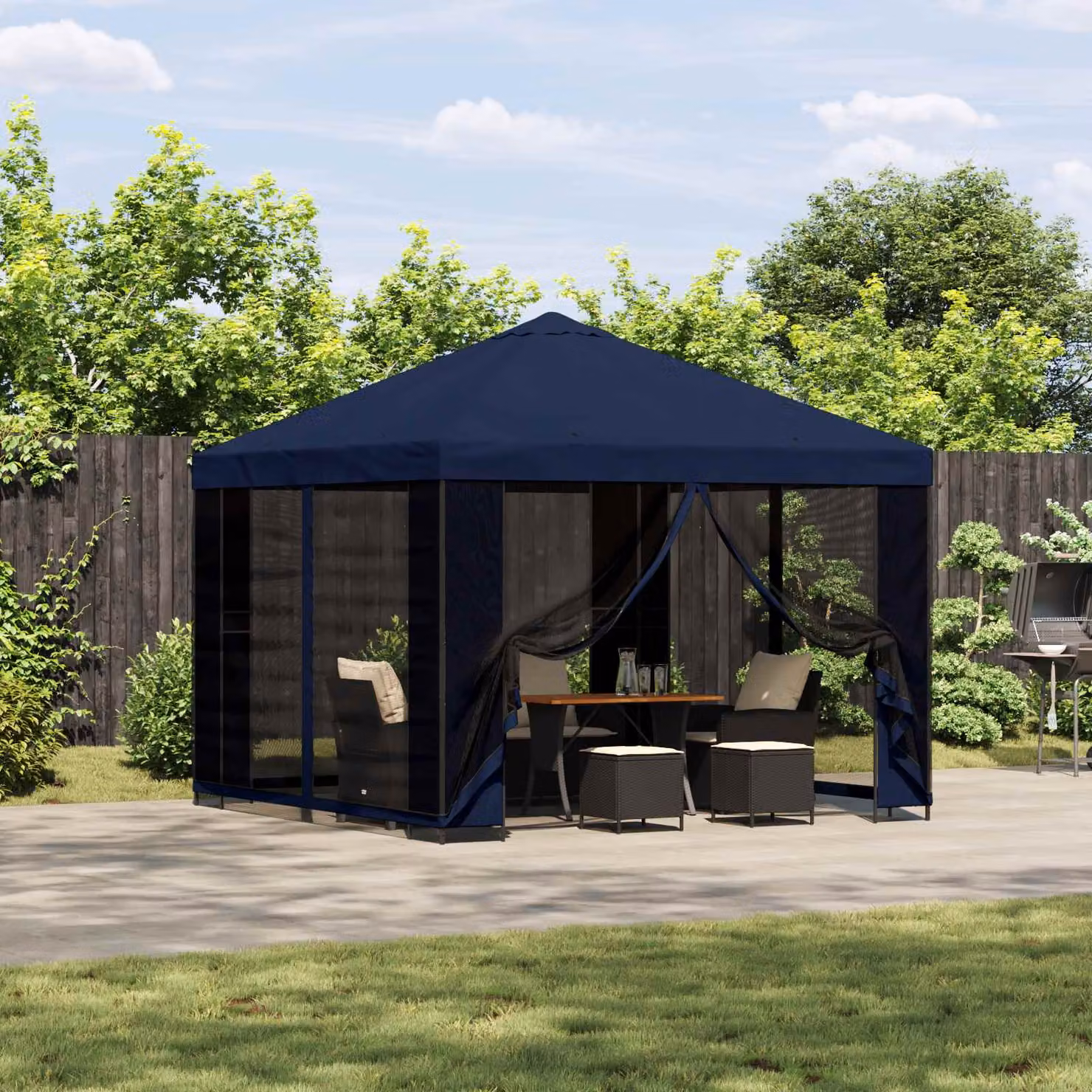 Gazebo da giardino vidaXL con pareti laterali in poliestere e struttura in acciaio zincato Blu 3 x 3 m
