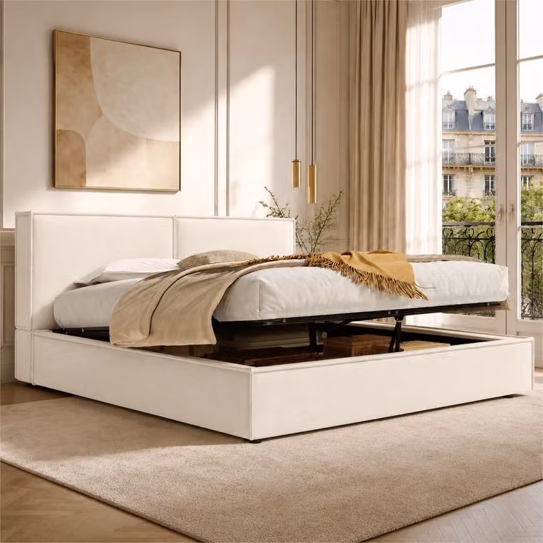 Letto imbottito 180 x 200 cm con rivestimento in lino e contenitore a sollevamento idraulico – Letto matrimoniale con testiera imbottita di 12 cm, dalla forma squadrata, in colore beige