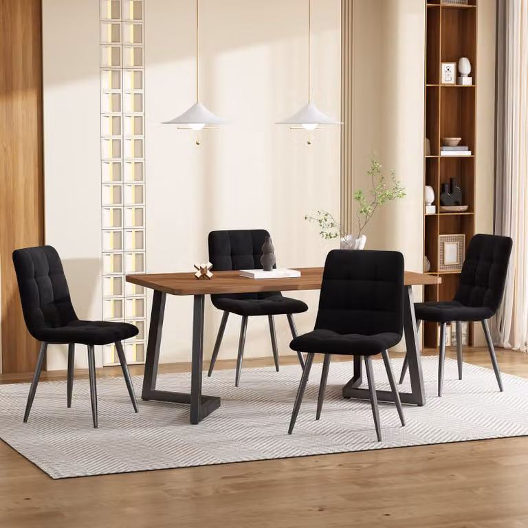 Fortuna Lai, set da pranzo (5 pezzi), tavolo da pranzo con 4 sedie, set moderno per cucina, tavolo da cucina in legno con gambe in metallo nero, piano del tavolo in MDF color noce, sedie da pranzo in velluto nero