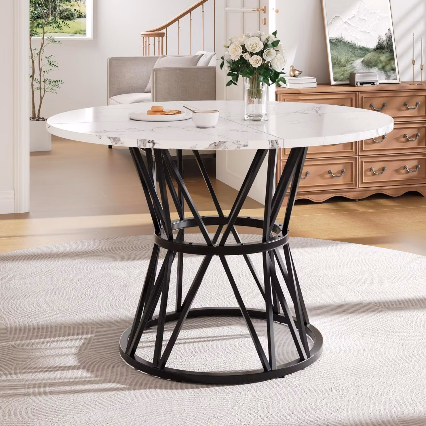Tavolo rotondo da 100 cm, aspetto marmo, bianco, gambe in metallo, ideale per cucina, soggiorno o ufficio domestico