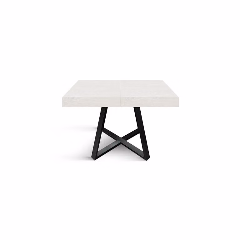 Tavolo FORTE DEI MARMI in legno, finitura bianco frassinato e base incrociata in metallo antracite, allungabile 95×90 cm – 145 x 90 cm
