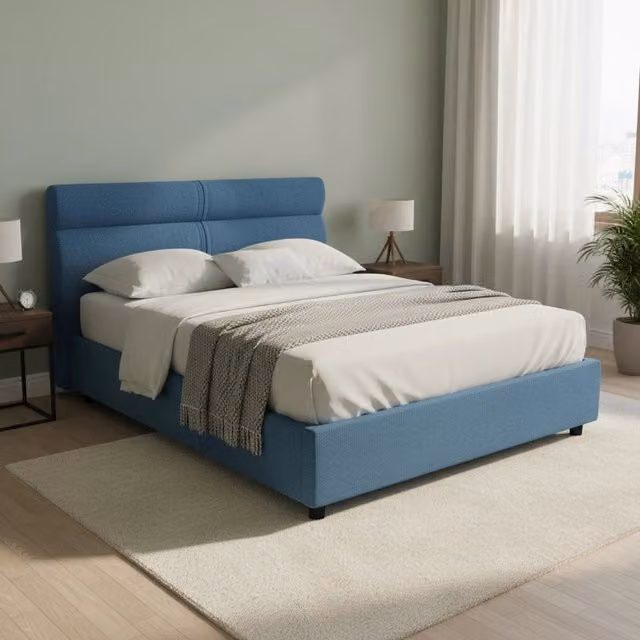 Letto Matrimoniale Briatico DMORA con Materasso Incluso, Struttura Imbottita in Tessuto Blu e Nero, L/P: 160 x 190 cm