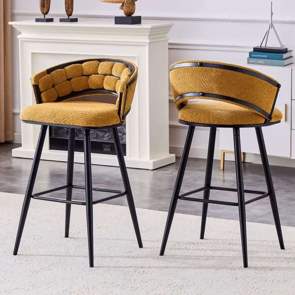 Sgabello da bar moderno OKWISH in velluto giallo con schienale intrecciato e struttura in metallo nero per cucina e soggiorno – 2