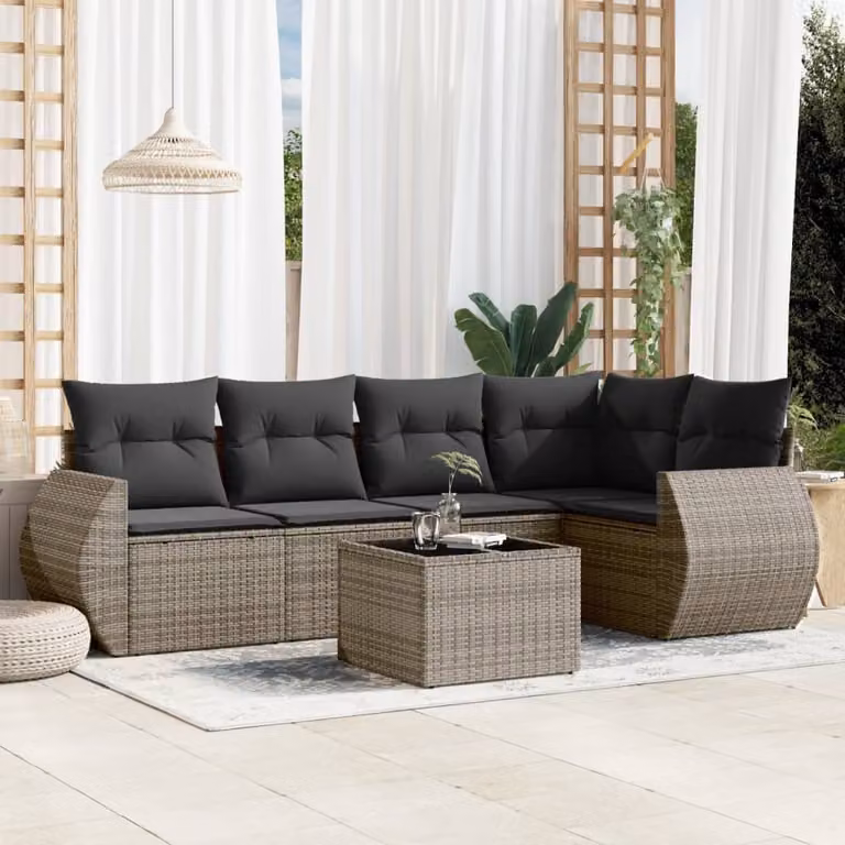 vidaXL Set Divano da Giardino a L in Polyrattan Grigio con 6 Cuscini e Tavolino da Caffè