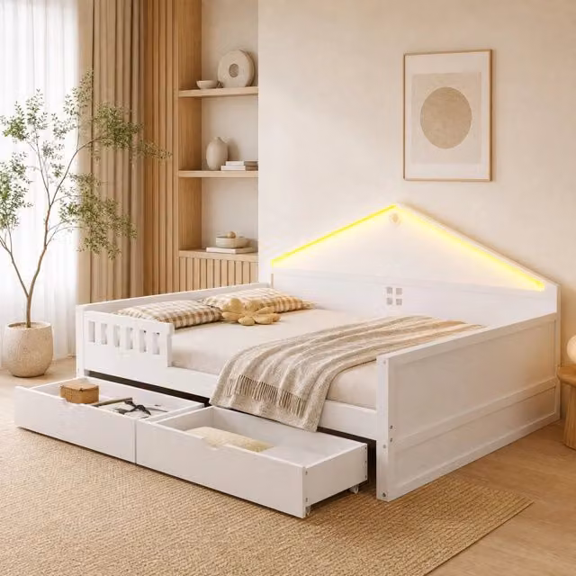 Letto ULEVR 140x200 cm con LED controllabile via smartphone e 2 cassetti, bianco