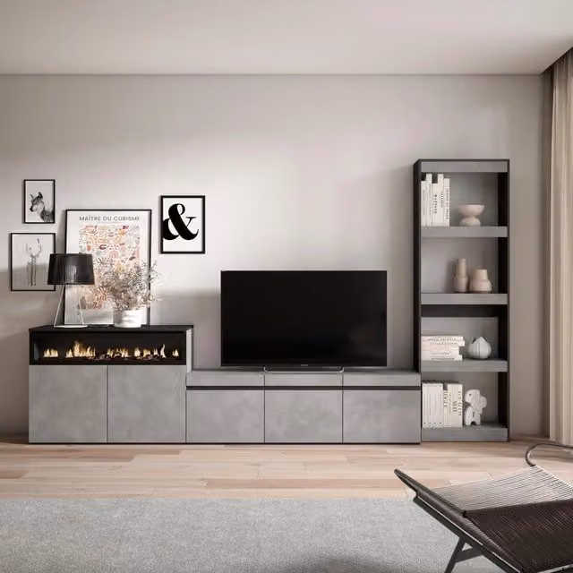 Mobile TV, Soggiorno, 310x35x186cm, Per TV fino a 65", Camino elettrico, grigio cemento RF3167