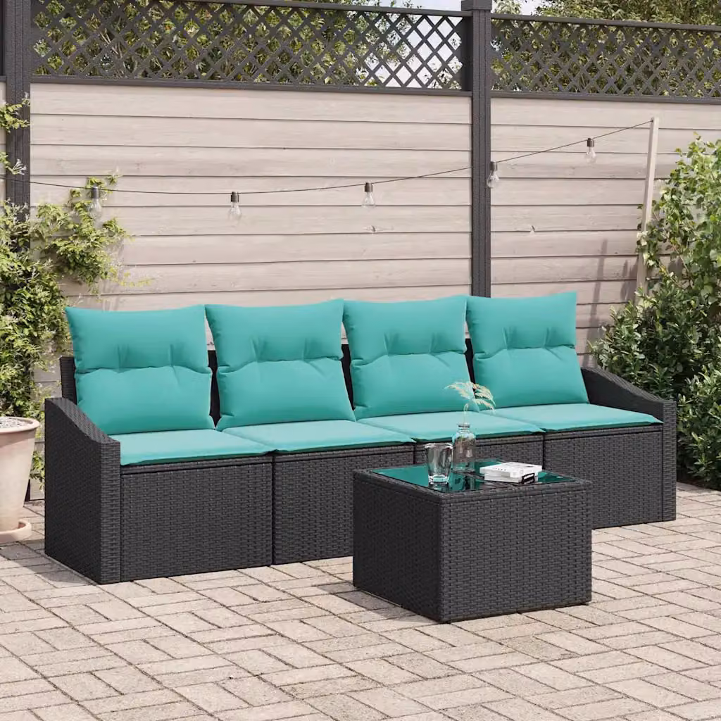 Set di divani da giardino vidaXL in polyrattan con cuscini, nero e turchese