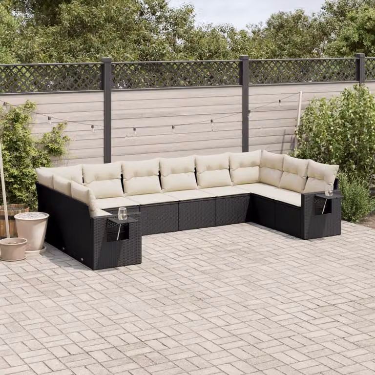 Set di divani da giardino vidaXL in polyrattan nero con cuscini e tavolino da esterno a forma di U