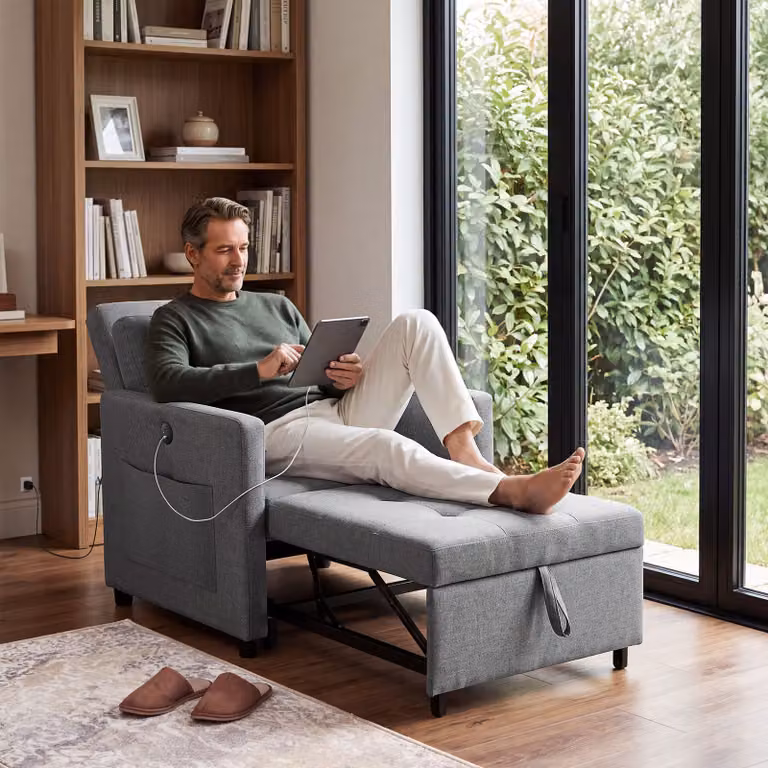 Poltrona letto pieghevole TecTake GmbH grigia con schienale regolabile e braccioli