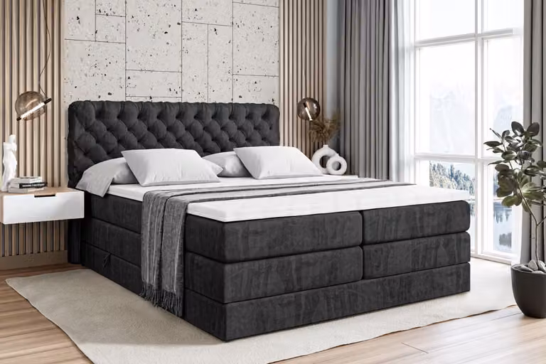 Letto boxspring ALTDECOR con 2 materassi e topper - 120x200 cm - BOXI8 KING - Velluto nero - Letto imbottito con materassi H3 e H4, contenitore e rete a doghe, letto con spazio contenitivo