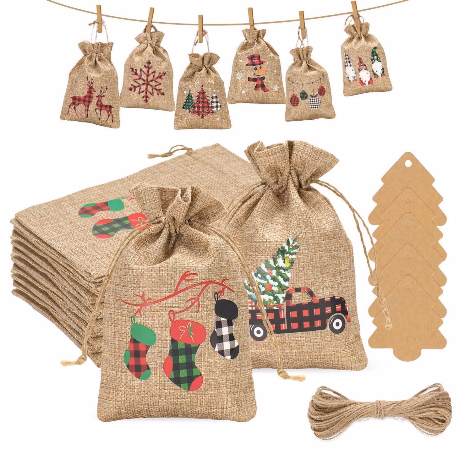 Calendario dell'Avvento con 24 sacchetti in iuta, dimensioni 13x18 cm, con cordoncino e decorazione