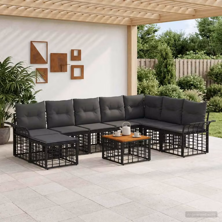 Set di divani da esterno vidaXL 9 pezzi in rattan e legno di acacia, colore nero e grigio