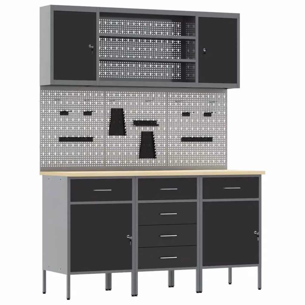 Set da lavoro vidaXL composto da 7 pezzi in nero, realizzato in legno ingegnerizzato e acciaio con chiusura di sicurezza – 2
