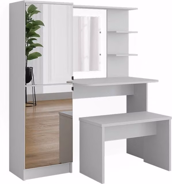 Tavolo da toilette Jasmin Bianco 123 x 141.2 cm con specchio e panca Vicco