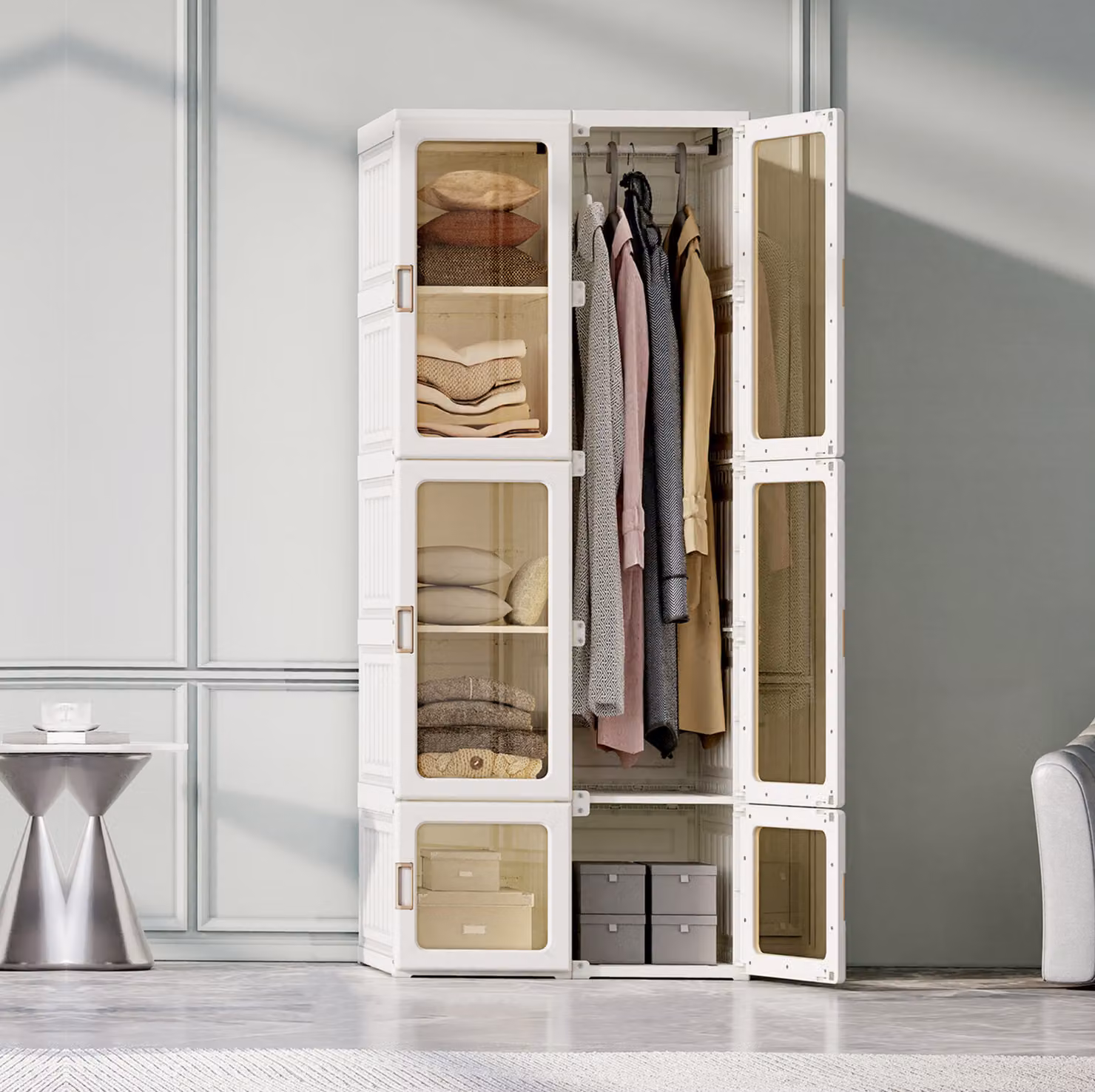 Armadio CDGlobal, armadio 69 x 170 x 50 cm (L x A x P), facile da montare, armadio multiuso pieghevole con ante magnetiche, armadio per soggiorno camera da letto bianco