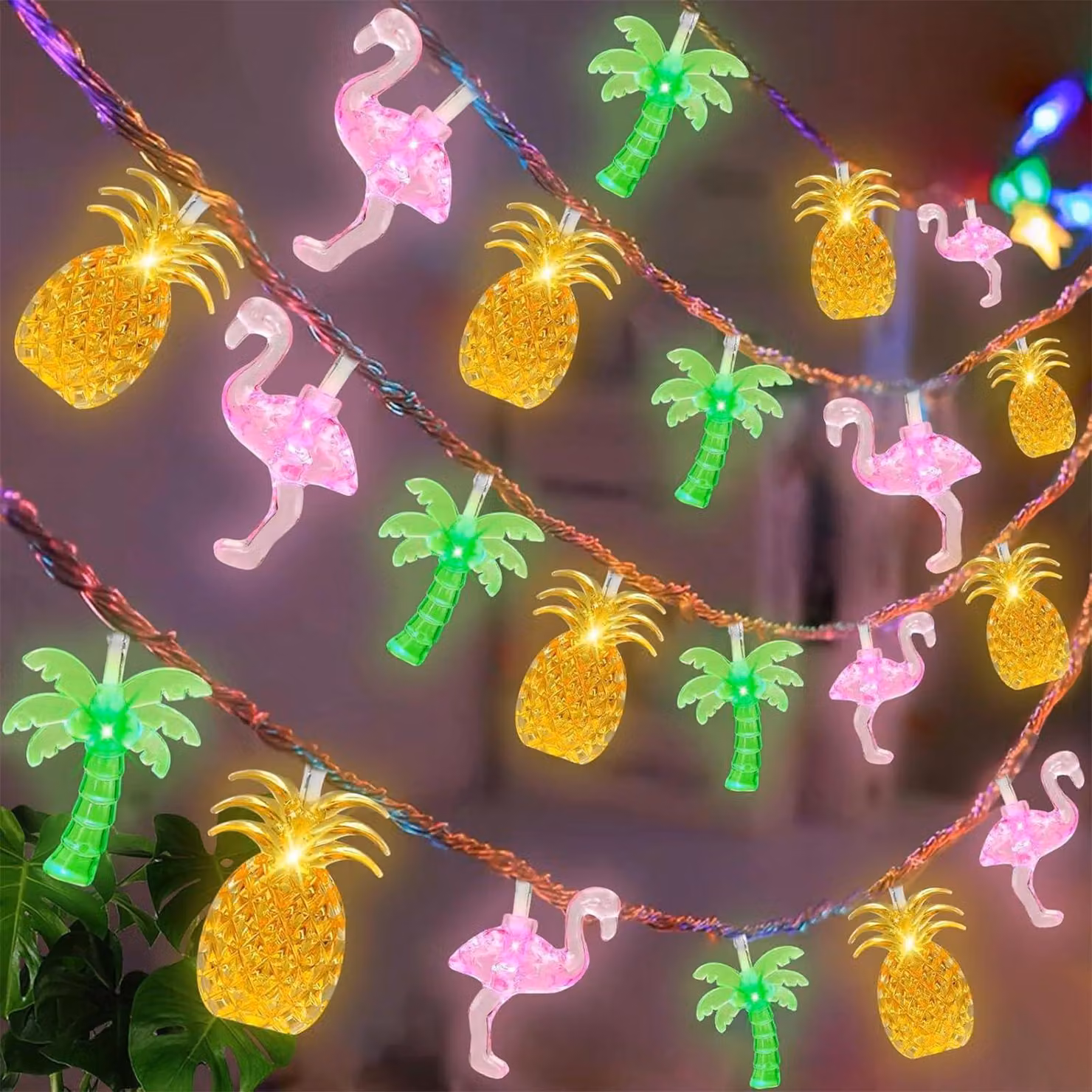 Catena luminosa a tema hawaiano, con 20 LED bianco caldo, lunghezza 3 metri, grado di protezione IP44, design con motivi di ananas, fenicotteri e palme