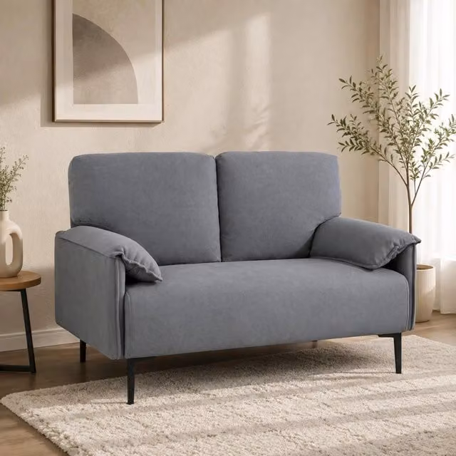 Divano 2 posti ULEVR 127 cm grigio con 2 cuscini schienale, imbottitura in schiuma e gambe in metallo