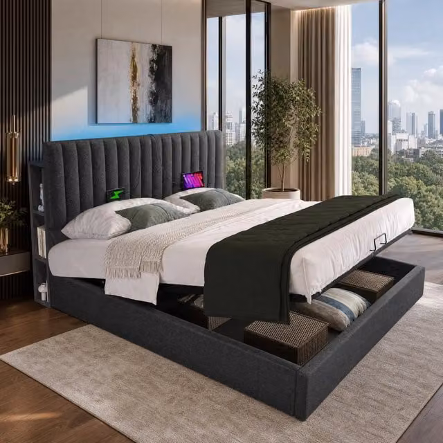 Letto matrimoniale 160x200 cm grigio con LED e contenitore