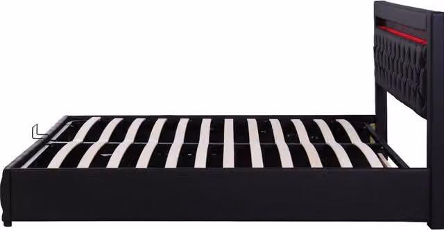 Letto imbottito 140x200 cm con contenitore, rete a doghe e illuminazione LED, rivestimento in PU nero