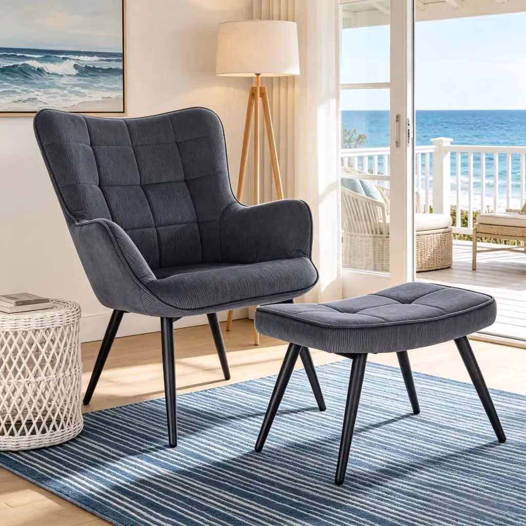 Poltrona lounge MIVRAY in velluto a coste grigio scuro con poggiapiedi coordinato e struttura in metallo H: 97 cm, L: 50 cm, P: 49 cm – 2