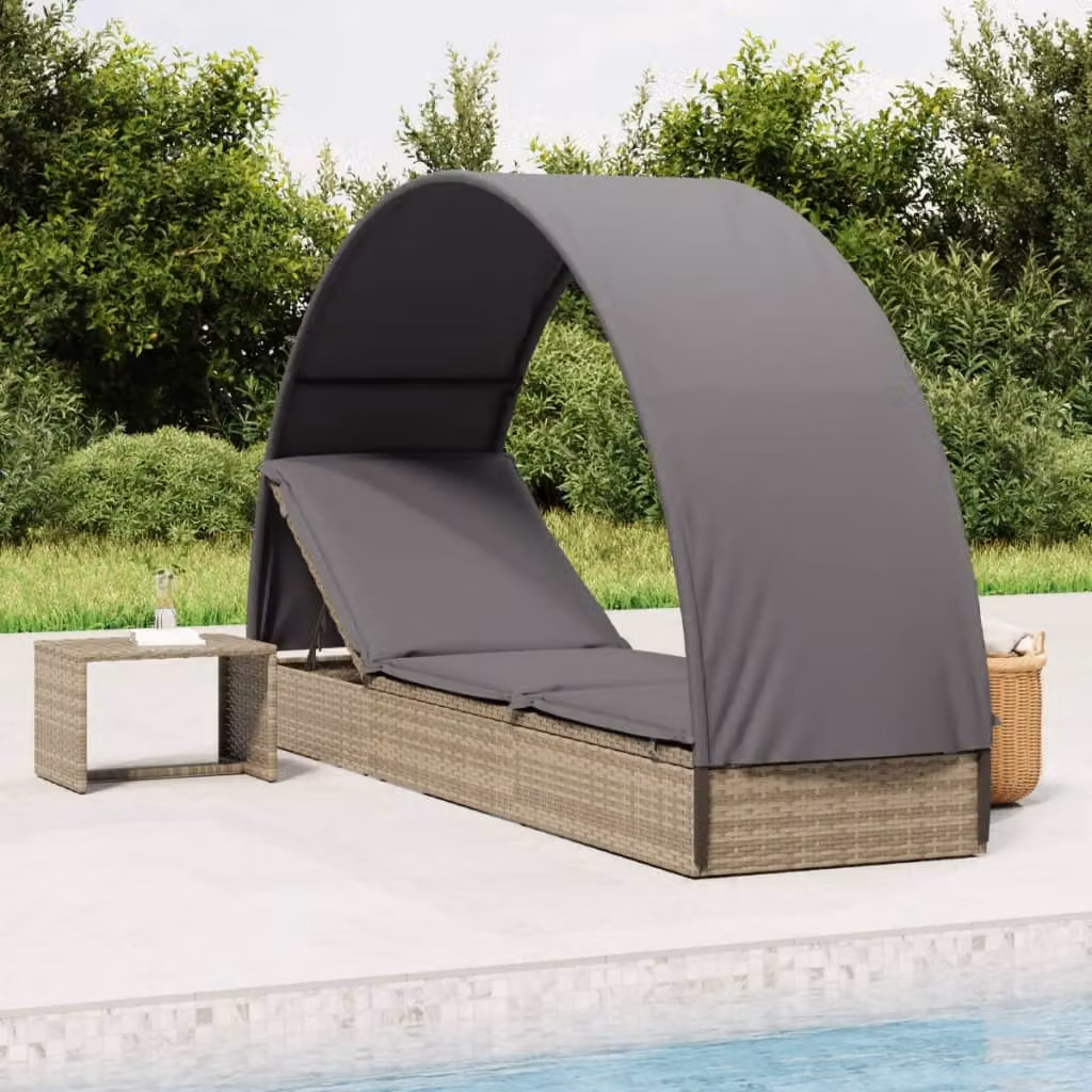 vidaXL Lettino con Tetto Rotondo Grigio in Polyrattan e Metallo con Canopy e Poggiatesta Regolabile L: 211 cm, P: 57 cm, H: 140 cm