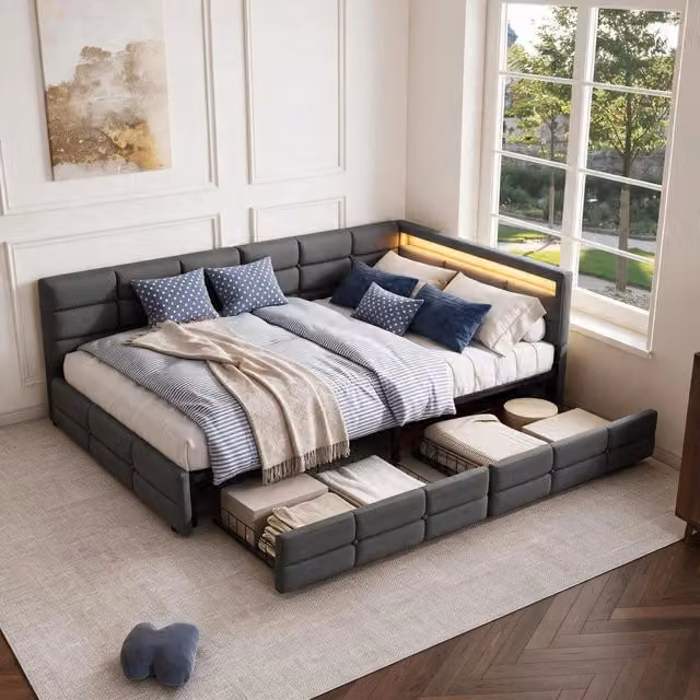letto contenitore singolo 90x200 cm con 2 cassetti;letti singoli per ragazzi;Divano letto rete LED; USB; lino; grigio