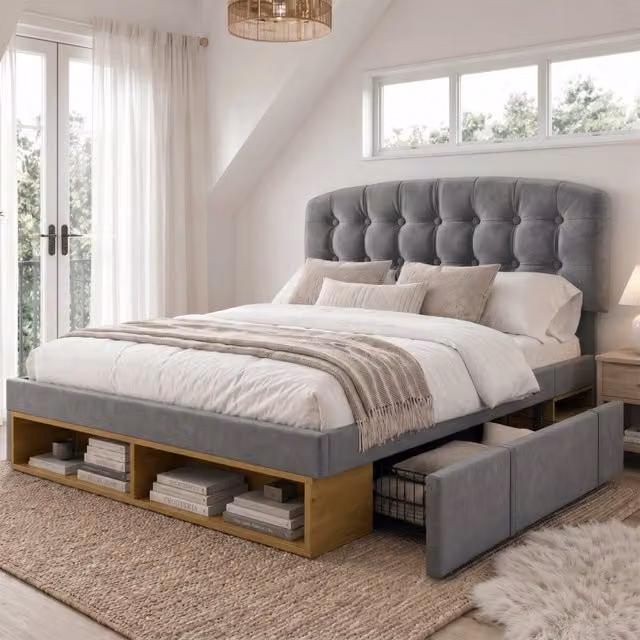 Letto matrimoniale imbottito 140x200 in velluto grigio con cassetti e testiera regolabile