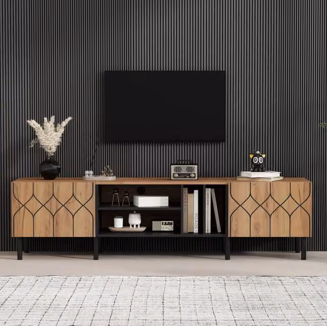 Mobile TV moderno in legno e MDF nero e beige con 2 ante e vani a giorno L/P/H: 180 x 40 x 50 cm