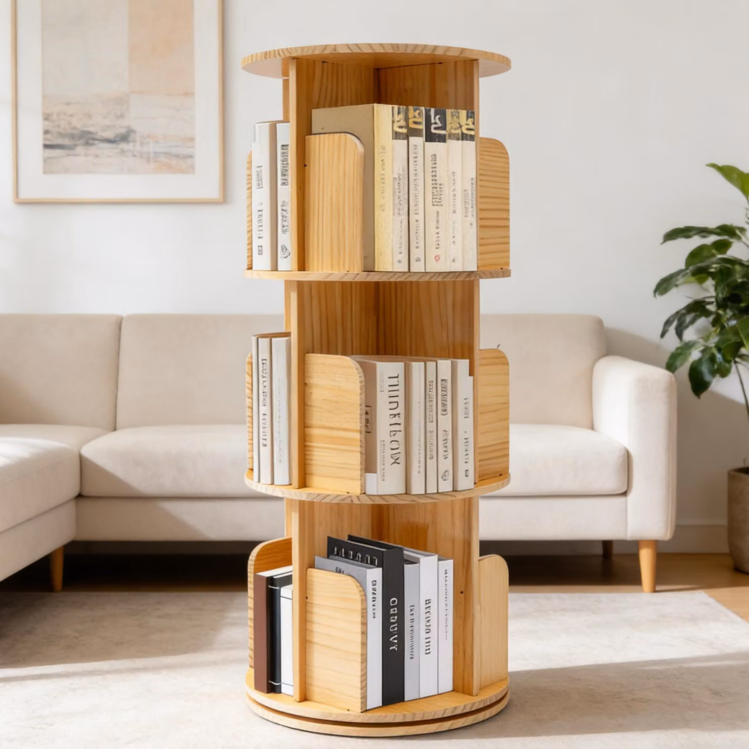 Libreria in legno, girevole, con 3 ripiani, dimensioni 45x98 cm, realizzata in legno massello, ideale per soggiorno e ufficio