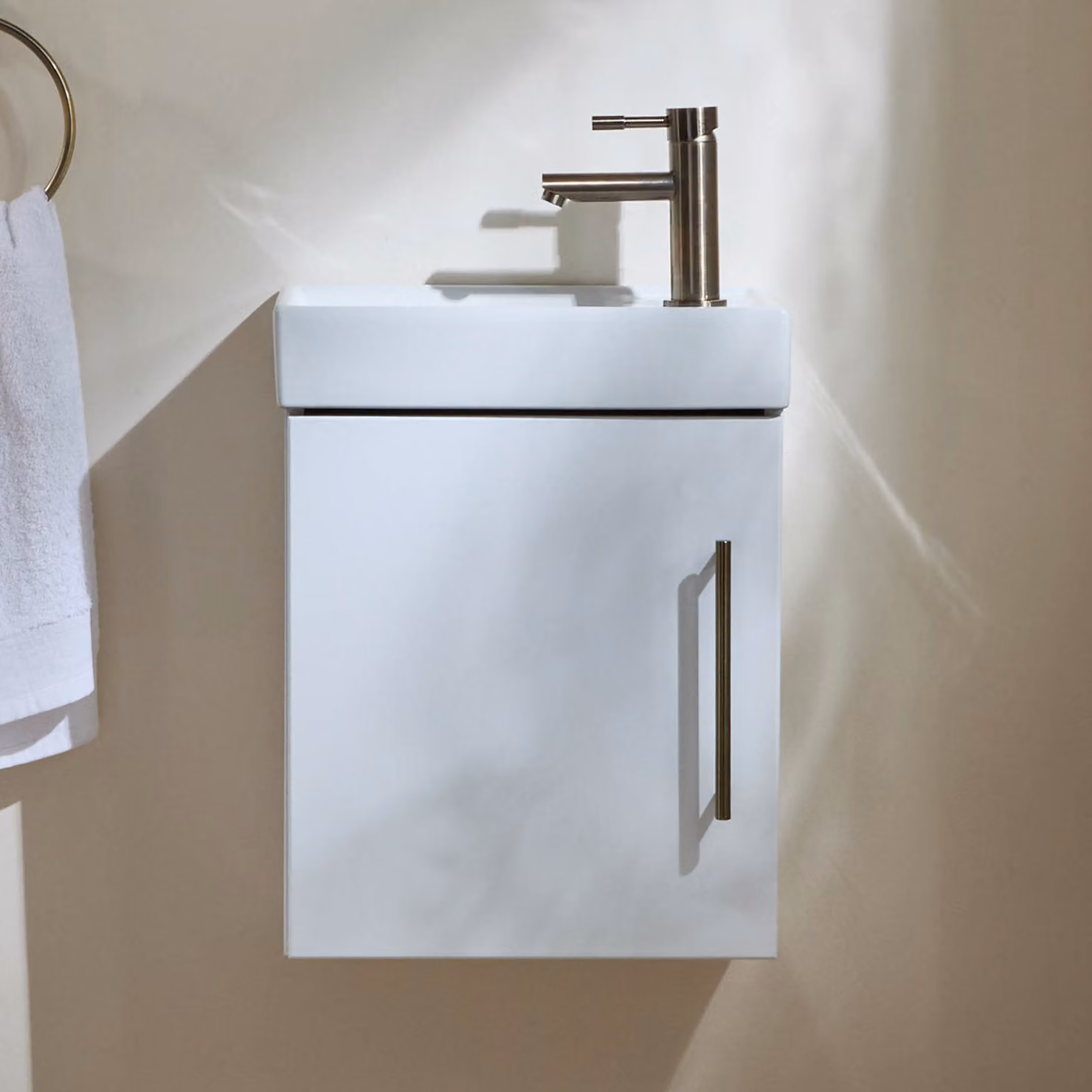 Mobile Bagno Bianco Sospeso da 400mm con Lavabo e Maniglia con Barra a T in Ottone Spazzolato - Cluo