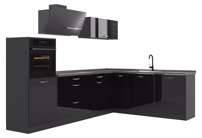 Cucina angolare completa Vicco R-Line Nero lucido/Antracite 287 x cm piano di lavoro Marmo, Model 66759