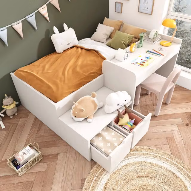Letto singolo con scrivania e cassetti in legno massello e MDF bianco 90x200 cm