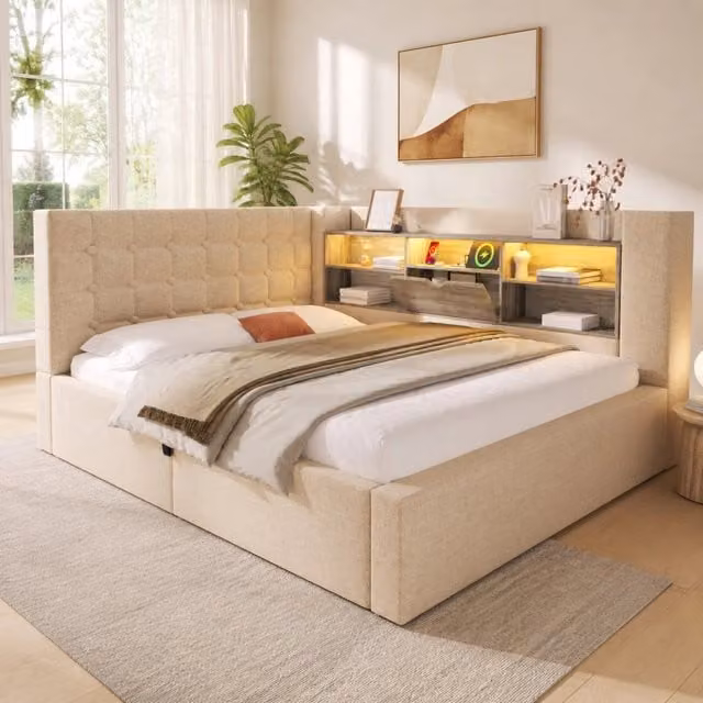 Letto matrimoniale 140x190 cm beige con LED, ricarica USB-C e vano contenitore